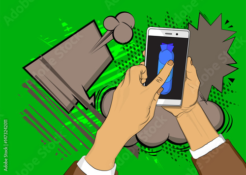 Cartoon Smartphone, comic book Telephone with Missile bomb. Retro vector comics pop art design.