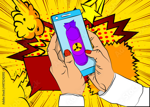 Cartoon Smartphone, comic book Telephone with Missile bomb. Retro vector comics pop art design.