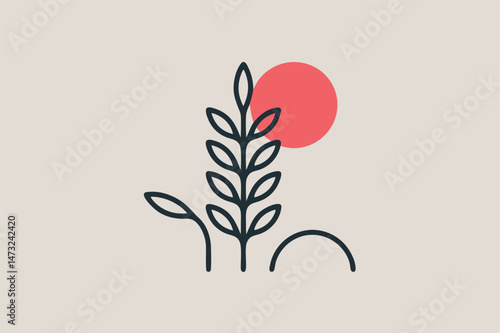 Minimalist botanical illustration featuring plant stem with leaves and red circle sun design
