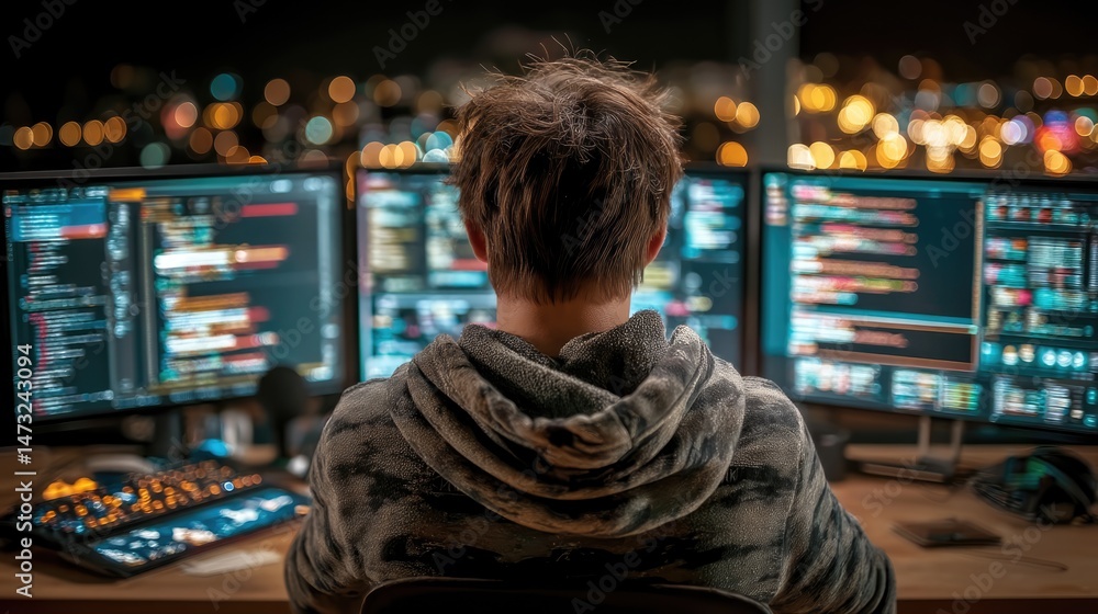 Fototapeta premium It professional coding on multiple monitors in dark mode urban office digital environment focused view