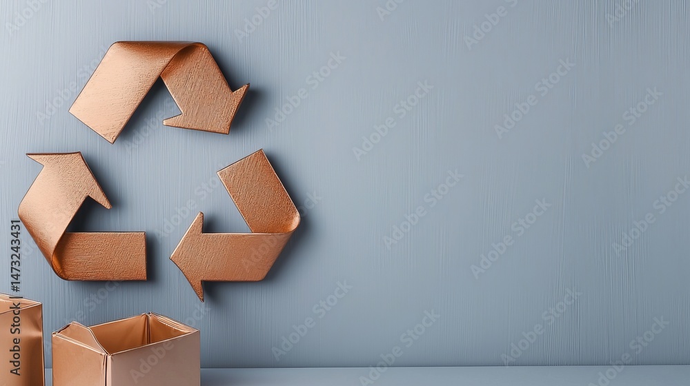 Raising Awareness Through Metal Recycling for a Sustainable Future, Recycling symbol on a blue wall with cardboard boxes, emphasizing sustainability and eco-friendliness.