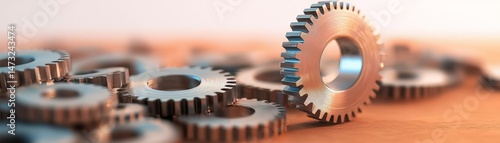 Raising Awareness Through Metal Recycling for a Sustainable Future, Gears arranged on a surface, with one gear prominently displayed in the foreground.