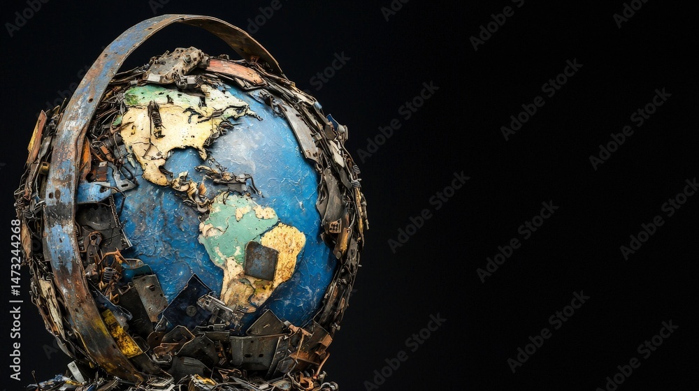 Raising Awareness Through Metal Recycling for a Sustainable Future, A globe made of recycled materials, symbolizing environmental awareness and sustainability.