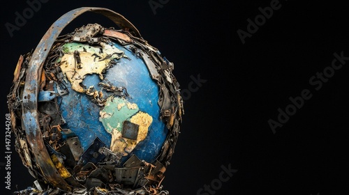 Obraz na płótnie Raising Awareness Through Metal Recycling for a Sustainable Future, A globe made of recycled materials, symbolizing environmental awareness and sustainability. w salonie