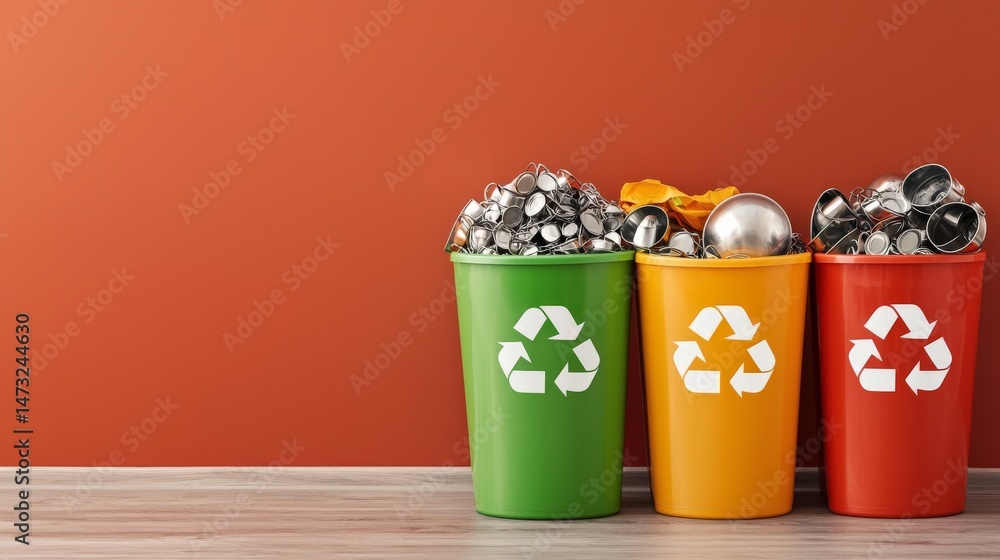 Raising Awareness Through Metal Recycling for a Sustainable Future, Three recycling bins filled with metal waste against an orange wall, promoting eco-friendly practices.