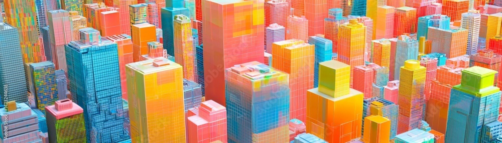 Raising Awareness Through Metal Recycling for a Sustainable Future, Vibrant aerial view of a colorful city skyline filled with diverse building shapes.