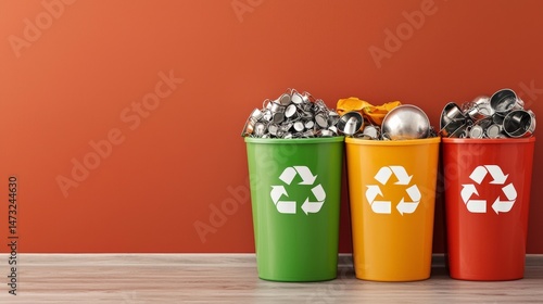 Obraz na płótnie Raising Awareness Through Metal Recycling for a Sustainable Future, Three recycling bins filled with metal waste against an orange wall, promoting eco-friendly practices. w salonie