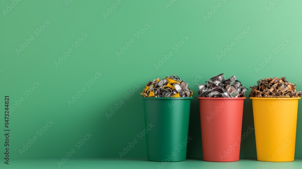 Raising Awareness Through Metal Recycling for a Sustainable Future, Colorful trash bins filled with crumpled paper against a green background.