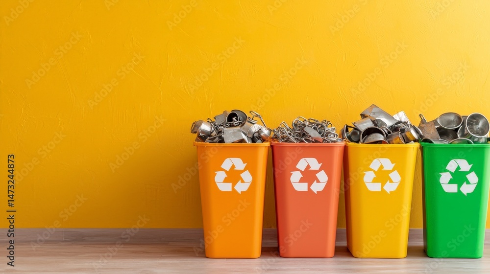 Raising Awareness Through Metal Recycling for a Sustainable Future, Colorful recycling bins filled with materials against a bright yellow background.