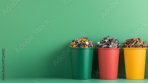 Obraz na płótnie Raising Awareness Through Metal Recycling for a Sustainable Future, Colorful trash bins filled with crumpled paper against a green background. w salonie