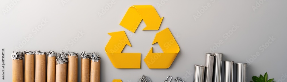 Raising Awareness Through Metal Recycling for a Sustainable Future, Recycling symbol made of paper rolls and plant elements on a wall background.