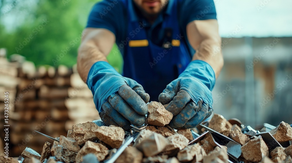 Raising Awareness Through Metal Recycling for a Sustainable Future, Man stacking firewood, dressed in gloves and a blue shirt, focused on the task at hand.