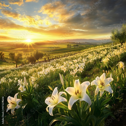 Sunrise over a field of lilies