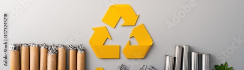Raising Awareness Through Metal Recycling for a Sustainable Future, Recycling symbol made of paper rolls and plant elements on a wall background.