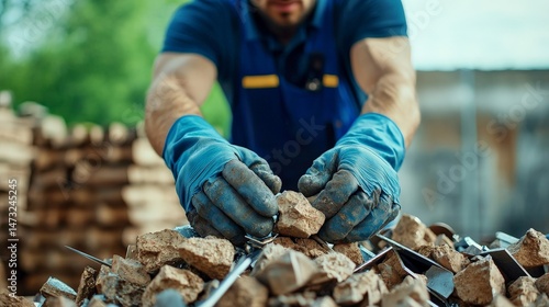 Obraz na płótnie Raising Awareness Through Metal Recycling for a Sustainable Future, Man stacking firewood, dressed in gloves and a blue shirt, focused on the task at hand. w salonie