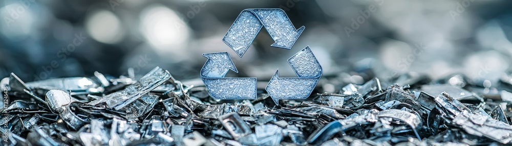 Raising Awareness Through Metal Recycling for a Sustainable Future, Recyclable materials with a prominent recycling symbol on a textured background.