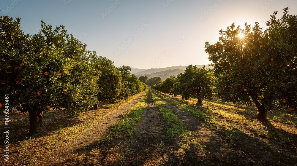 Naklejka premium A sun-drenched orchard pathway through rows of fruit trees.