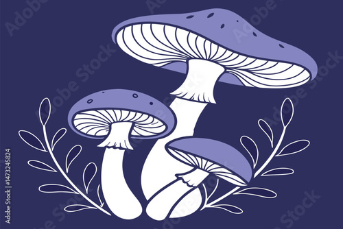 Hand drawn illustration of whimsical mushrooms and leaves in a soothing indigo color palette