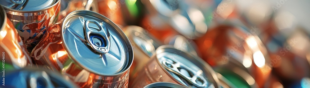 Raising Awareness Through Metal Recycling for a Sustainable Future, Close-up of colorful beverage cans stacked together, showing reflections and vibrant hues.