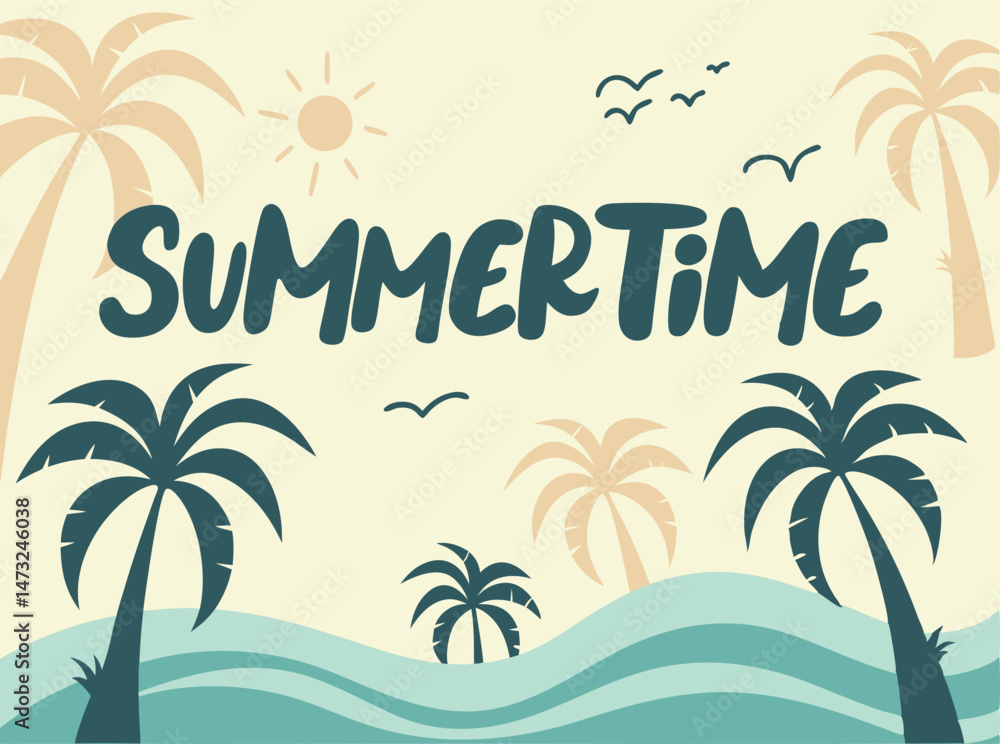 Fototapeta premium Vector illustration of a vibrant summery beach scene with palm trees and birds under the sun.