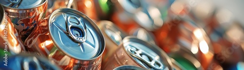 Raising Awareness Through Metal Recycling for a Sustainable Future, Close-up of colorful beverage cans stacked together, showing reflections and vibrant hues.