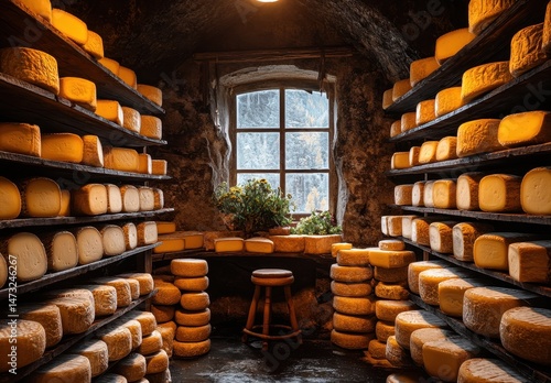Foto Rustic cheese storage room filled with shelves of artisan cheeses, warm lighting
