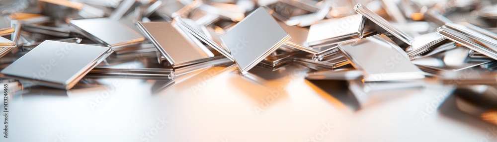 Raising Awareness Through Metal Recycling for a Sustainable Future, Scattered metallic squares reflecting light on a surface.