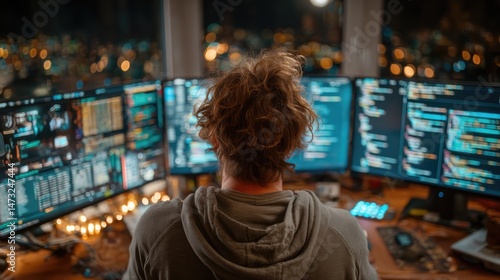 It professional coding on multiple monitors in dark mode urban office digital environment focused view