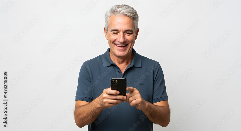 Mid-30s man smiling while using mobile phone on white backdrop Mid-30s man smiling while using mobile phone on white backdrop