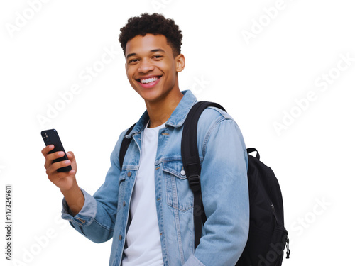 Smiling Young African American Student with Smartphone and Backpack