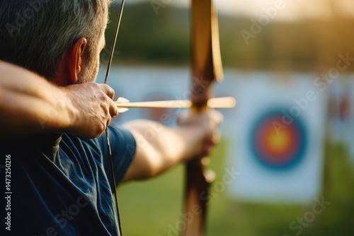 A man aims a bow and arrow at a target during outdoor archery practice.