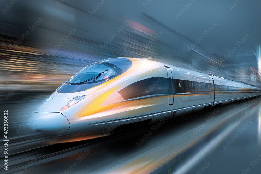 A sleek high-speed train rushes through a modern cityscape, emphasizing speed and advanced transportation technology. A sleek high-speed train rushes through a modern cityscape, emphasizing speed and advanced transportation technology.