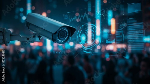Advanced surveillance camera positioned in crowded urban environment with digital technological interface, crowd movement with futuristic blue-toned visualization, 4k video, security camera, 