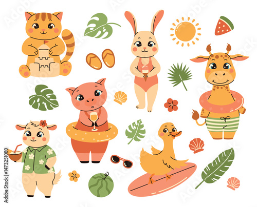 Set of illustrations in children's style. Cartoon animals in swimsuits. Giraffe, hare, duck on a surfboard, pig, goat, cat. Flat vector illustration.