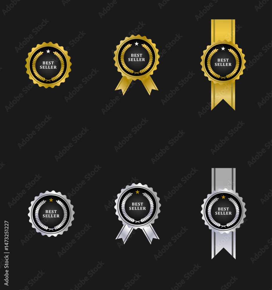 Naklejka premium best seller label badge silver and gold color with ribbon elegant color 