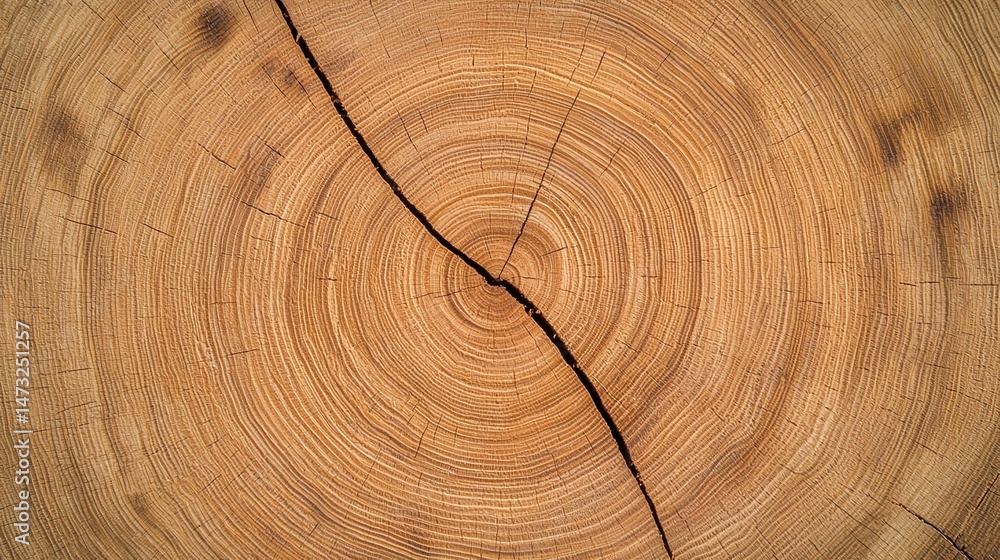Naklejka premium Close-up of tree trunk cross-section showing growth rings and a large central crack.