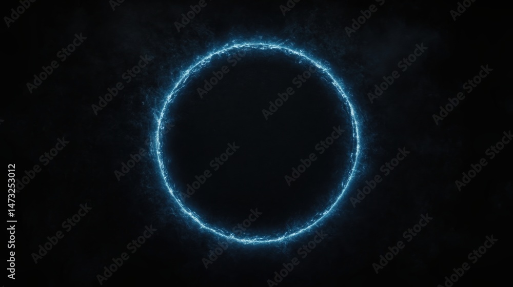 Fototapeta premium A glowing blue energy ring forms a perfect circle against a dark background, emitting a mysterious and futuristic vibe.