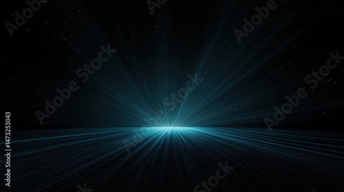 A bright blue light bursts from the horizon in a star-filled, digital space scene, creating radiant beams against a cosmic background.