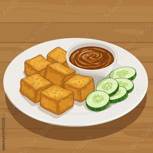 Serving of Tofu Cubes with Dipping Sauce and Cucumber Slices