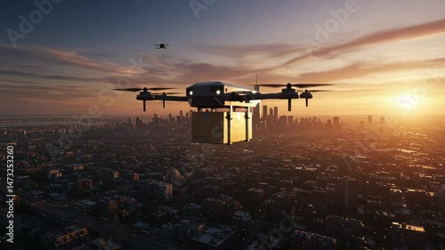 futuristic logistics from a high-angle perspective. complex drone aerial cityscape sunset urban landscape, 4k video, Aerial video captures a drone delivering a package over a cityscape at sunset, 