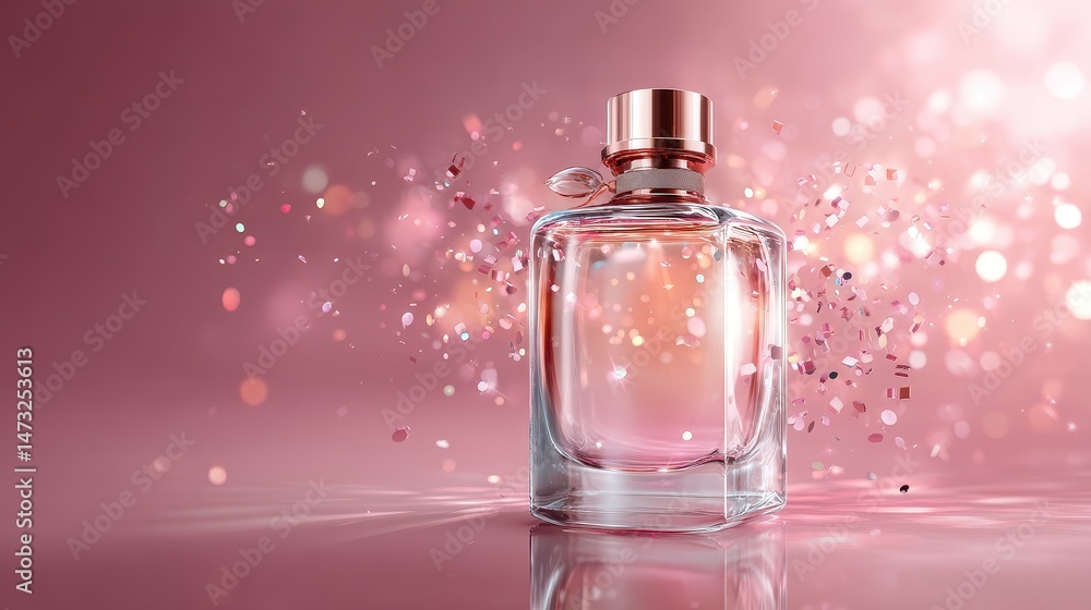 Elegant perfume bottle with sparkling effects on a pink background. Elegant perfume bottle with sparkling effects on a pink background.