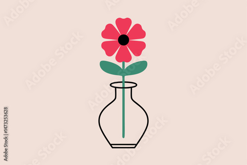 Simple illustration of a red flower in a transparent vase against a neutral background