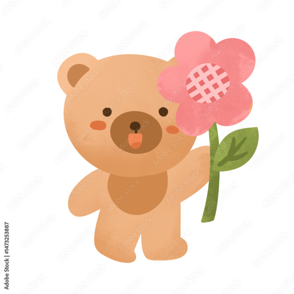 Obraz premium Bear holding flowers cute clipart elements hand drawn illustration 