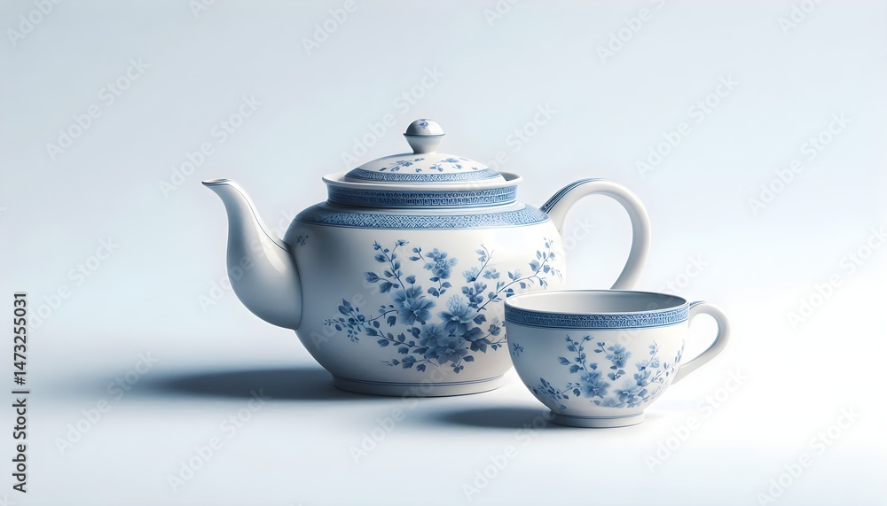 Mockup of traditional Chinese kitchenware set with porcelain teapot and cup in blue floral design, clean white background with soft shadows Mockup of traditional Chinese kitchenware set with porcelain teapot and cup in blue floral design, clean white background with soft shadows
