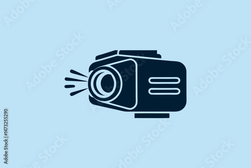 A simple dark blue silhouette of a projector on a pale blue background
