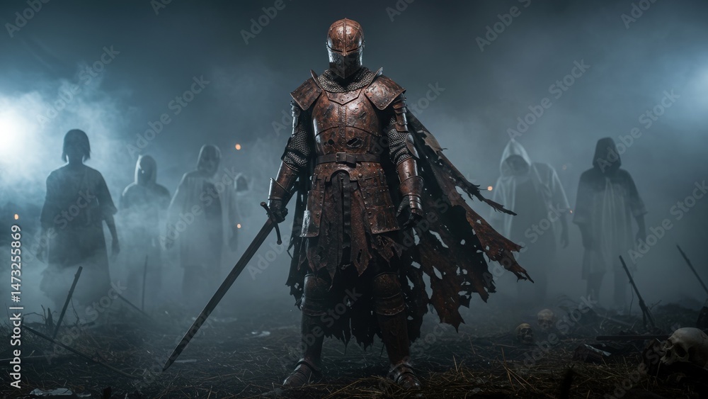 Naklejka premium Dark Knight in Rusty Armor Standing on Eerie Battlefield with Zombie Figures