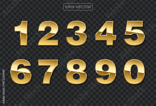 set of Gold numbers with endings made of golden ribbons isolated on transparent background. Vector decorative design elements template