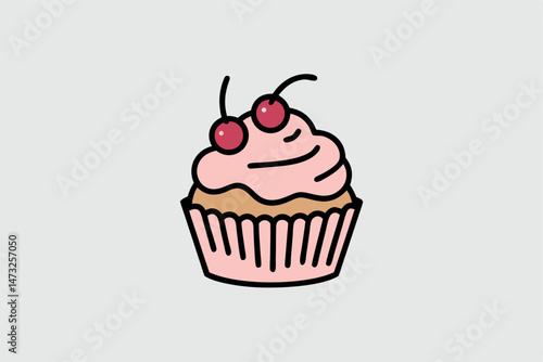 Cute illustrated cupcake with pink frosting and cherries on top against a neutral background