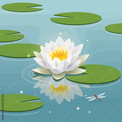 Water Lily Bloom in Pond with Dragonfly and Reflection