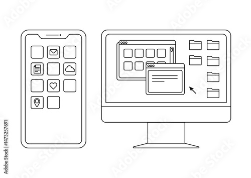 スマートフォン パソコン アプリ 線画 イラスト素材